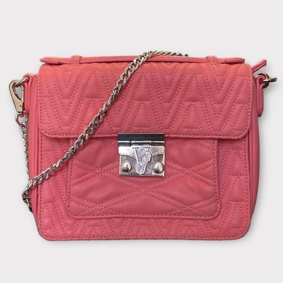 Versace Jeans Pink Leather Shoulder Bag Quilted Front Silver Locking Clasp Purse - Picture 1 of 15